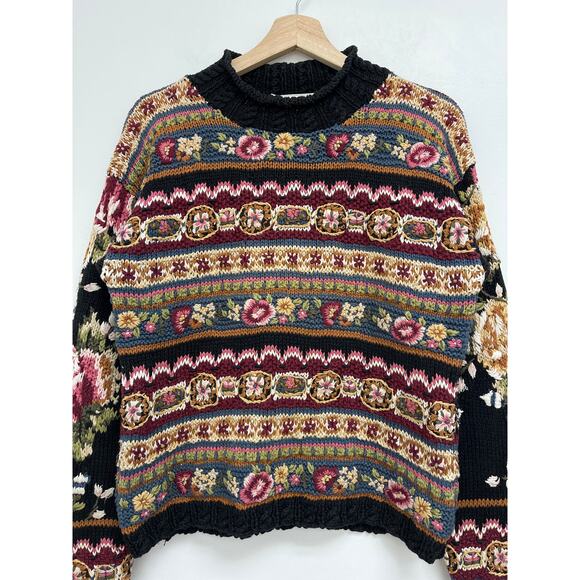 Vintage Handknitted Express Tricot Floral Stripes Chunky Cottage Sweater Medium - Picture 3 of 10